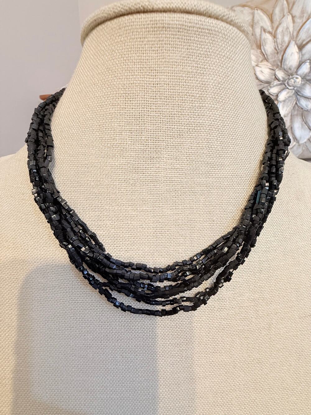Vintage Black Multi Strand Cube Bead Statement Necklace 18”